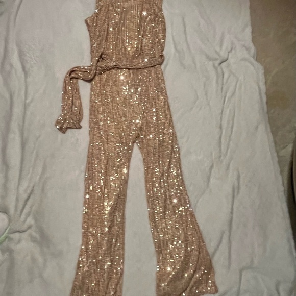 Pants - Ladies lined Jumpsuit Bronze color flare legs w/ tie sash